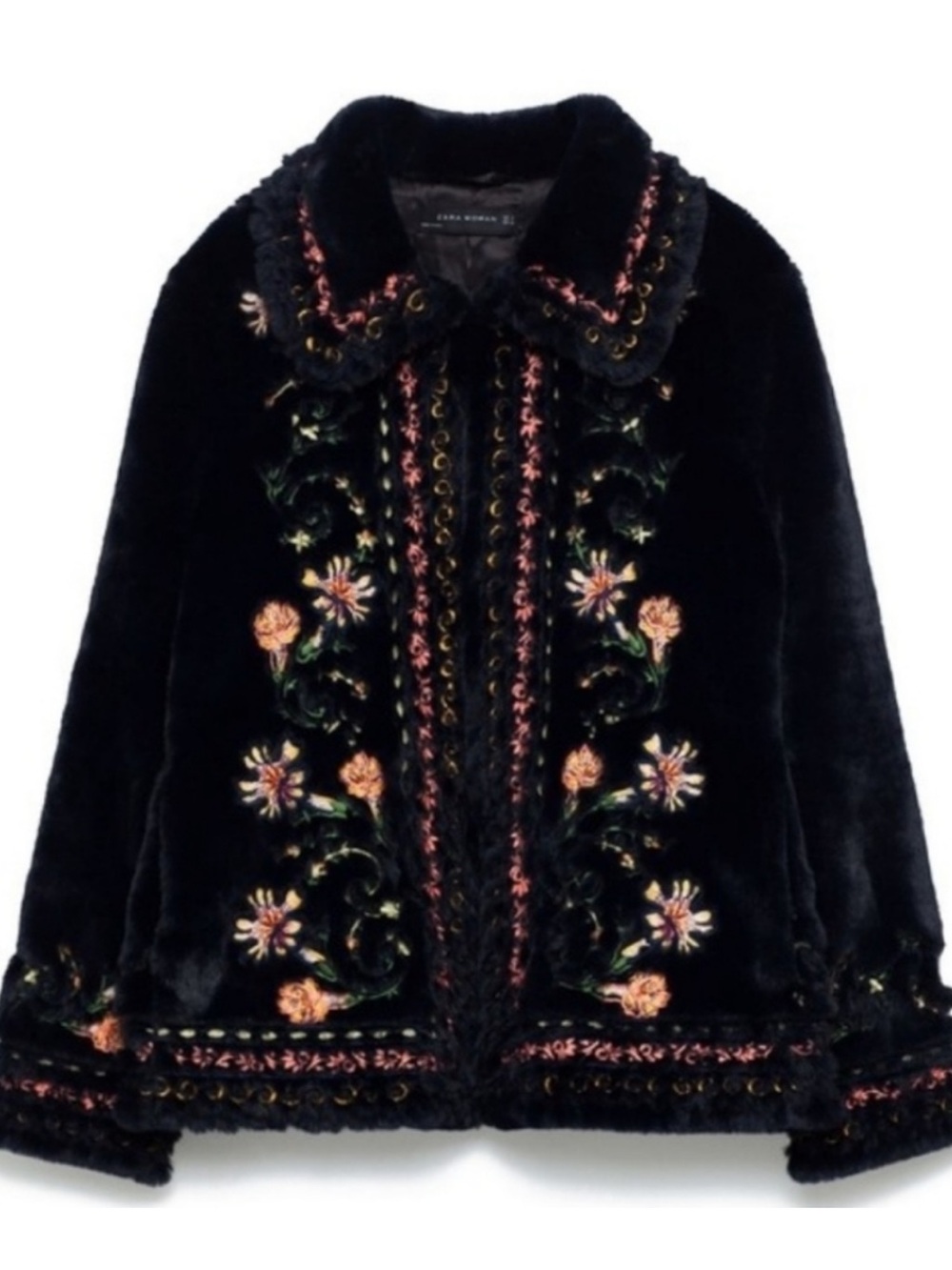ZARA Embroidered Faux Fur Coat
Size M Blackish Blue